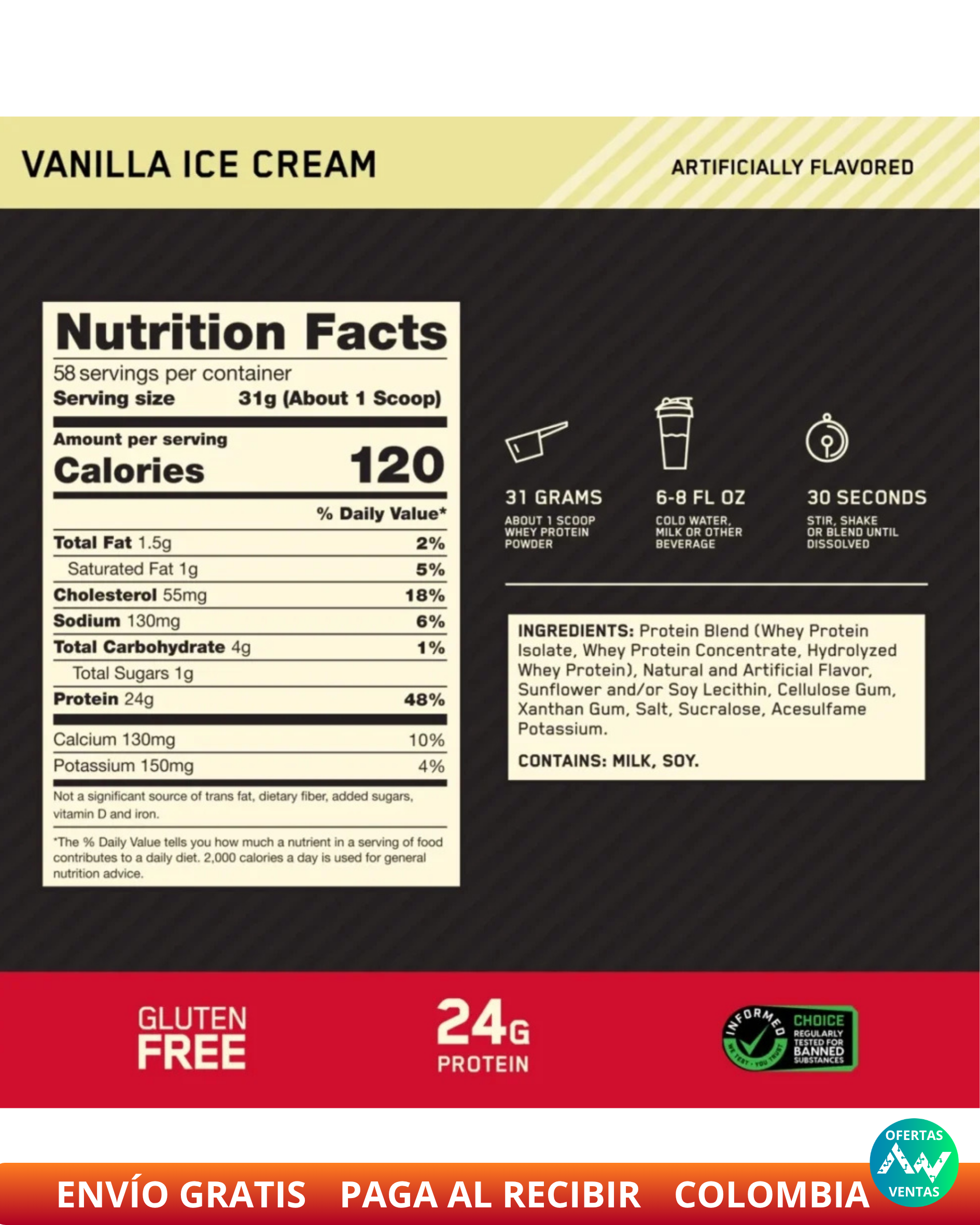 Proteína Proteína de Gold Standard 100% Whey sabor helado de vainilla x 2.27kg